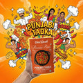 Protein pasta packaging with cartoon characters and text on an orange background