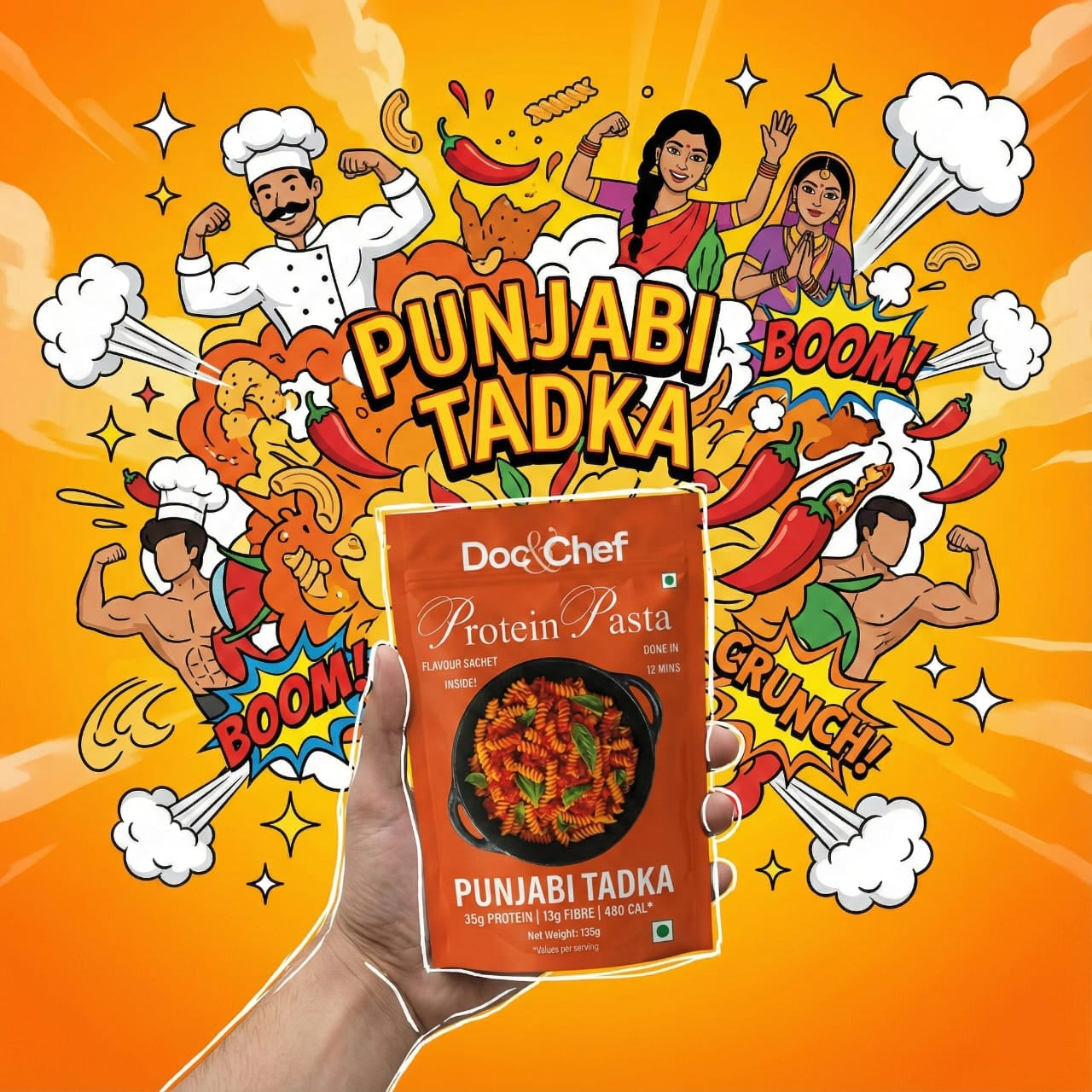 Protein pasta packaging with cartoon characters and text on an orange background