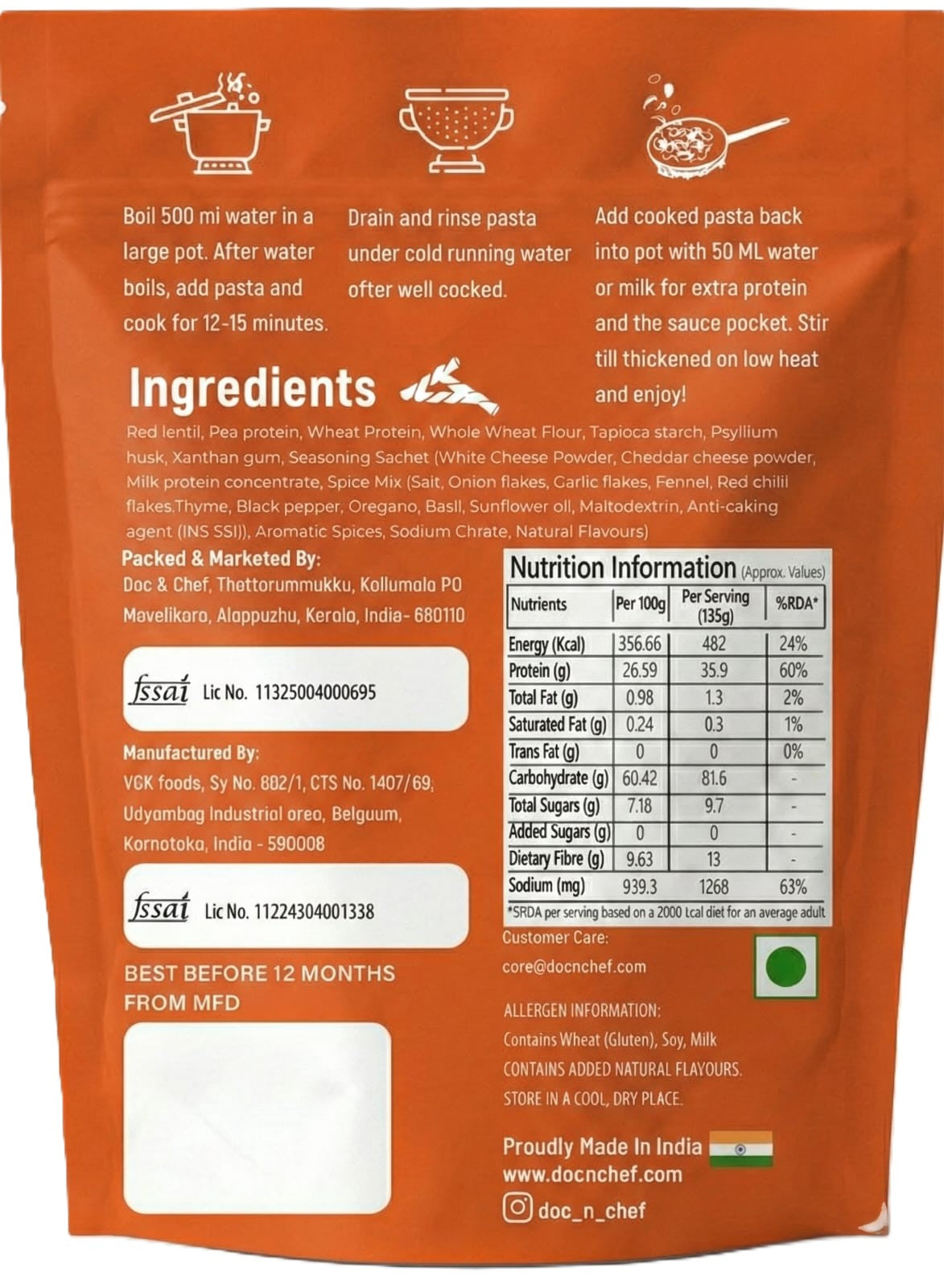 Back of a food packaging with ingredients, nutrition information, and branding details.